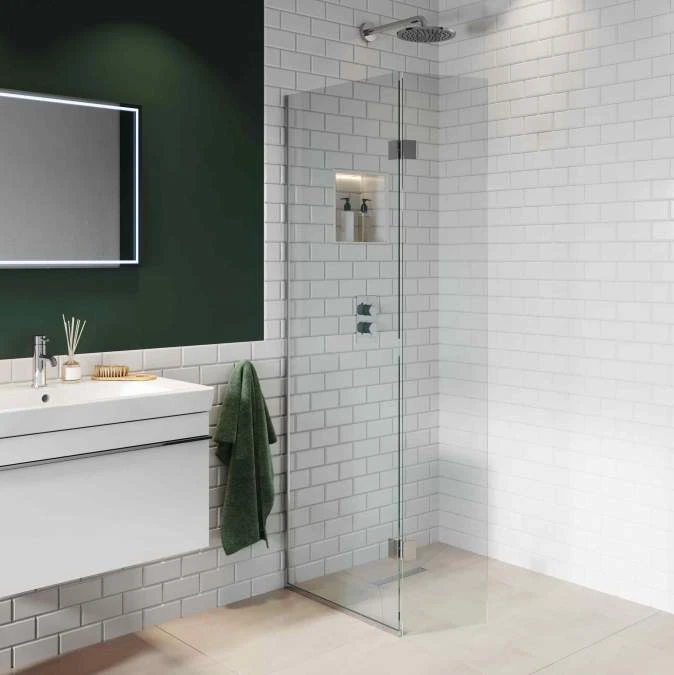 Abacus Walk In Shower Screen 700mm With Chrome Hinged Return 350mm 1 Abacus Walk In Shower Screen 700mm With Chrome Hinged Return 350mm