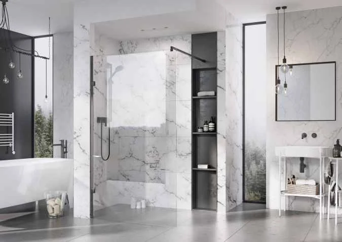 Roman Liberty 1157mm Matt Black Wetroom Panel With Clear Glass Corner 1 Roman Liberty 1157mm Matt Black Wetroom Panel With Clear Glass Corner