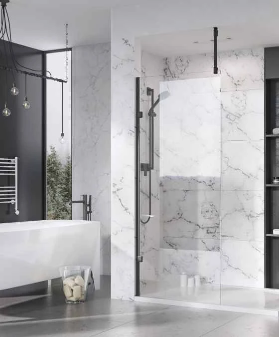 Roman Liberty 1157mm Matt Black Wetroom Panel With Clear Glass Corner 2 Roman Liberty 1157mm Matt Black Wetroom Panel With Clear Glass Corner - Image 2