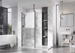Roman Liberty 1157mm Matt Black Wetroom Panel With Clear Glass Corner 5 Roman Liberty 1157mm Matt Black Wetroom Panel With Clear Glass Corner -Burling Shower Shop Liberty Black Panel with return clear glass 2 1