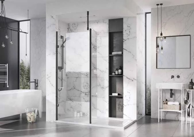 Roman Liberty 1157mm Matt Black Wetroom Panel With Clear Glass Corner 3 Roman Liberty 1157mm Matt Black Wetroom Panel With Clear Glass Corner - Image 3