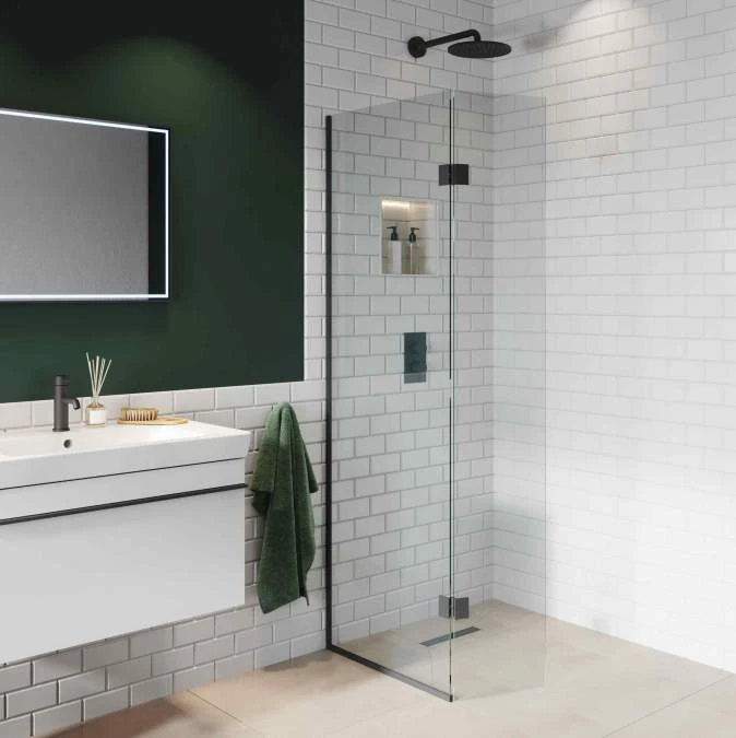 Abacus Walk In Shower Screen 900mm With Matt Black Hinged Return 350mm 1 Abacus Walk In Shower Screen 900mm With Matt Black Hinged Return 350mm