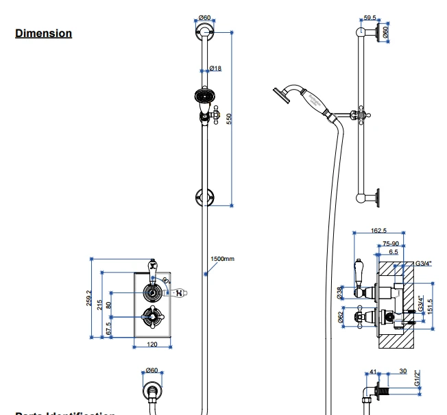 Burlington Trent Concealed Traditional Shower - Slide Rail, Hose And Handset - TF1H 2 Burlington Trent Concealed Traditional Shower - Slide Rail, Hose And Handset - TF1H - Image 2