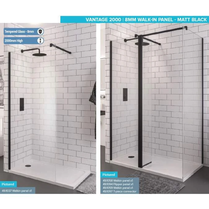 Vantage 8mm, 800mm Matt Black Walk In Shower Screen - Eastbrook - Image 2